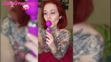 Sweet Babe in Pink Skirt Play Pink Vibrator and Sucks Lollip snapshot 4