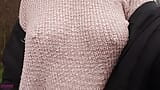 Boobwalk: Walking braless in a pink see through knitted sweater snapshot 17