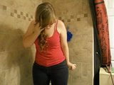 Chubby girl pees wearing jeans in shower snapshot 2