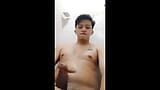 Jonge Aziatische tienerman badkamer pissend en aftrekken snapshot 11