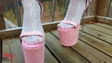 Lady L walking in towering pink extreme high heels. snapshot 10