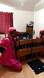 Sissy Maid Collared to Bed Post in Armbinder Self Bondage snapshot 12