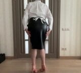 Femboy BDSM self choking in leather midi skirt and white office secretary blouse jerking and cumming on high heels snapshot 2