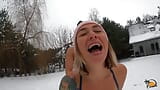 Blonde chick warms up his dick on the snow and takes him home for lovely sex snapshot 7