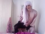 jess silk riding dildo in pink satin nightie and robe with long purple wig snapshot 12