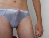 Cumming Thru Blue spandex Briefs. snapshot 1