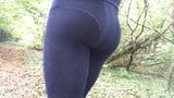 Visible panties under blue velvet hose in the woods snapshot 2