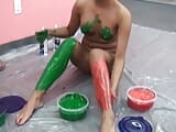 Horny whore in Christmas skirt gets covered in paint and whipped cream snapshot 4