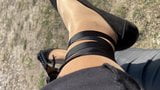 Crossdresser in leather leggings & shiny multilayered nylons snapshot 2