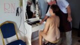 Camera in nude barbershop. Hairdresser makes lady undress to cut her hair. Barber, nudism. CAM 1 scene 1 snapshot 7