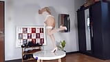 Regina Noir trying on high heels. Striptease in white lingerie and stockings 3 snapshot 4