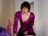 jess silk riding dildo in purple satin dress and shiny purple jacket wth short wig snapshot 15