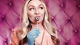 ASMR: blue nitrile gloves and candy sucking, wearing pink PVC coat, girl in braces  (Arya Grander) snapshot 3