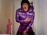 jess silk riding dildo in purple satin dress and shiny purple jacket wth short wig snapshot 4